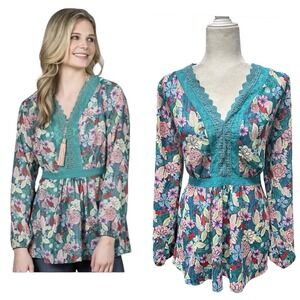 Matilda Jane Blouse Top Womens Size L Teal Floral Peasant Tunic Chiffon Feminine